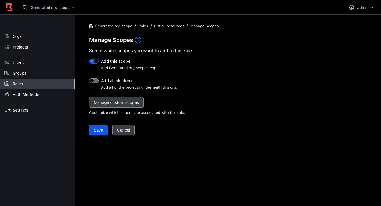 The Manage Scopes dialog lets you customize which scopes are associated with a role.